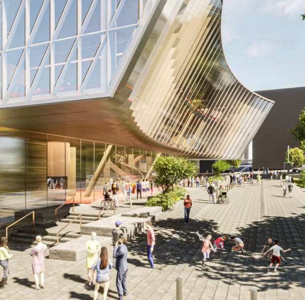 A rendering of the Keller Auditorium's proposed renovations from the Northwest facade and proposed Third Avenue plaza (Credit: Halprin Landscape Conservancy)