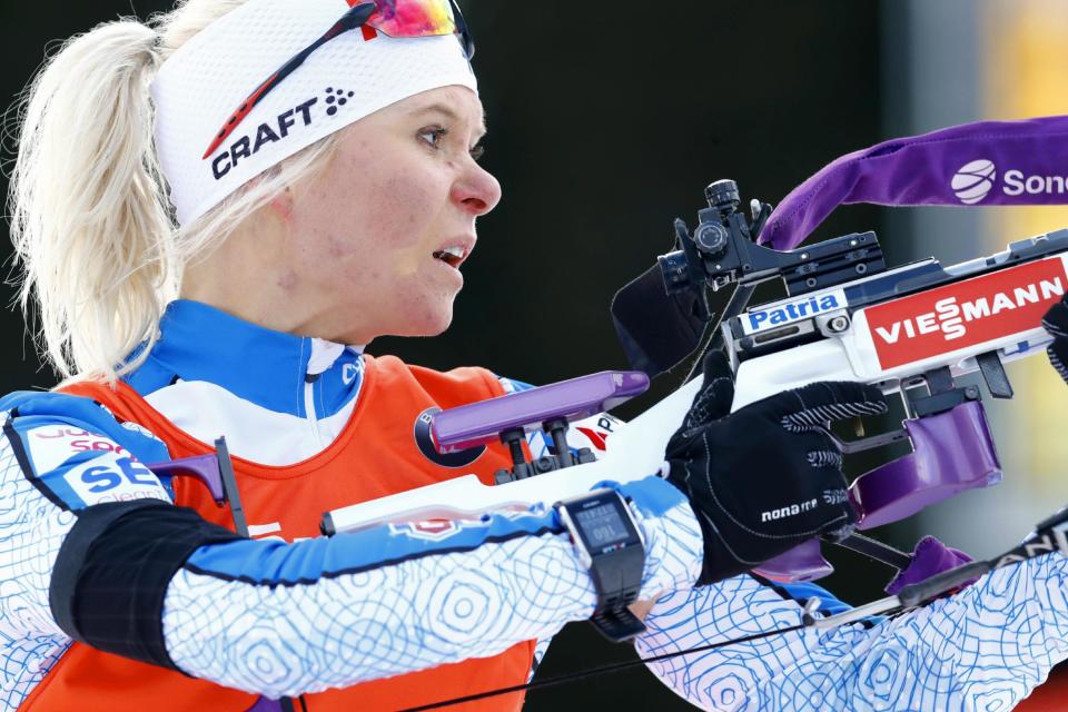 FInland's Mari Laukkanen competes in the women's 10 km pursuit competition, during the Biathlon World Cup, in Oslo, Saturday, March 18, 2017. (Heiko Junge, NTB scanpix via AP)