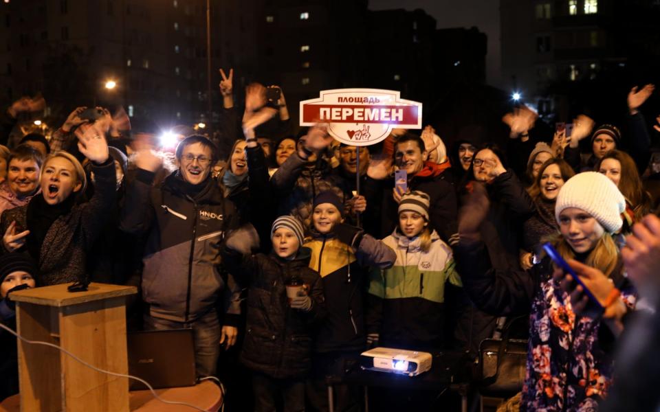 A sleepy residential neighbourhood in Minsk's north-east has made its local playground a local protest hotspot, calling it Plaza of Change - Maxim Sarychau/The Telegraph