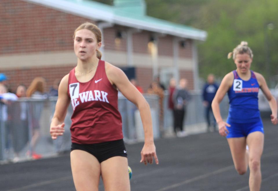 Newark senior Nadia Liesen leads the 800 during the Licking Valley Invitational on April 27. Liesen ran a winning time of 2:29.07.