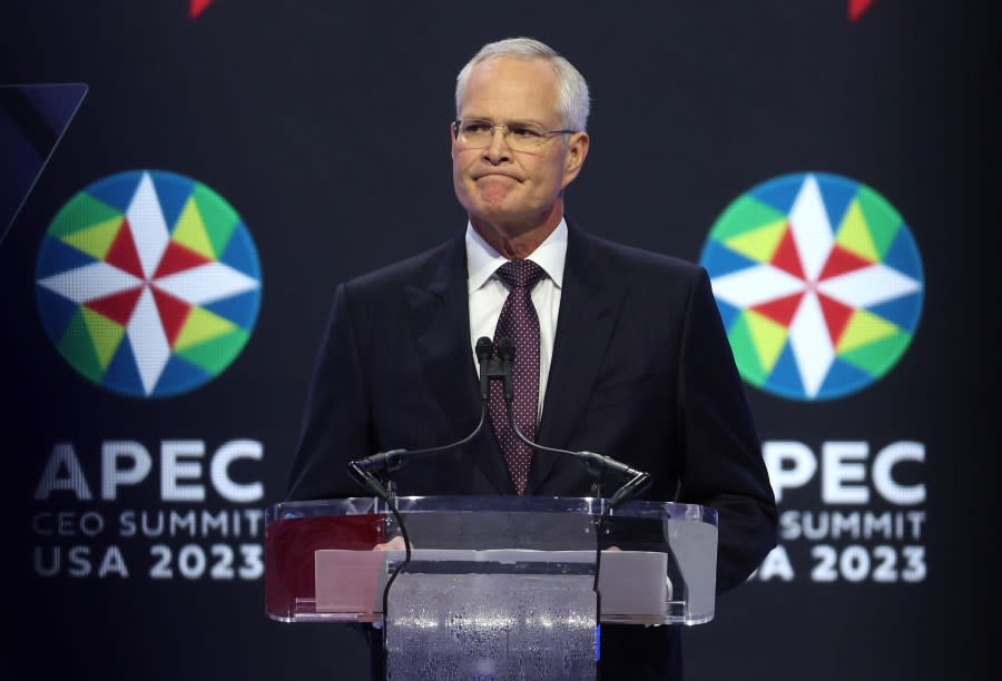 ExxonMobil CEO Darren Woods speaks during the APEC CEO Summit at Moscone West on November 15, 2023. (Photo by Justin Sullivan/Getty Images)