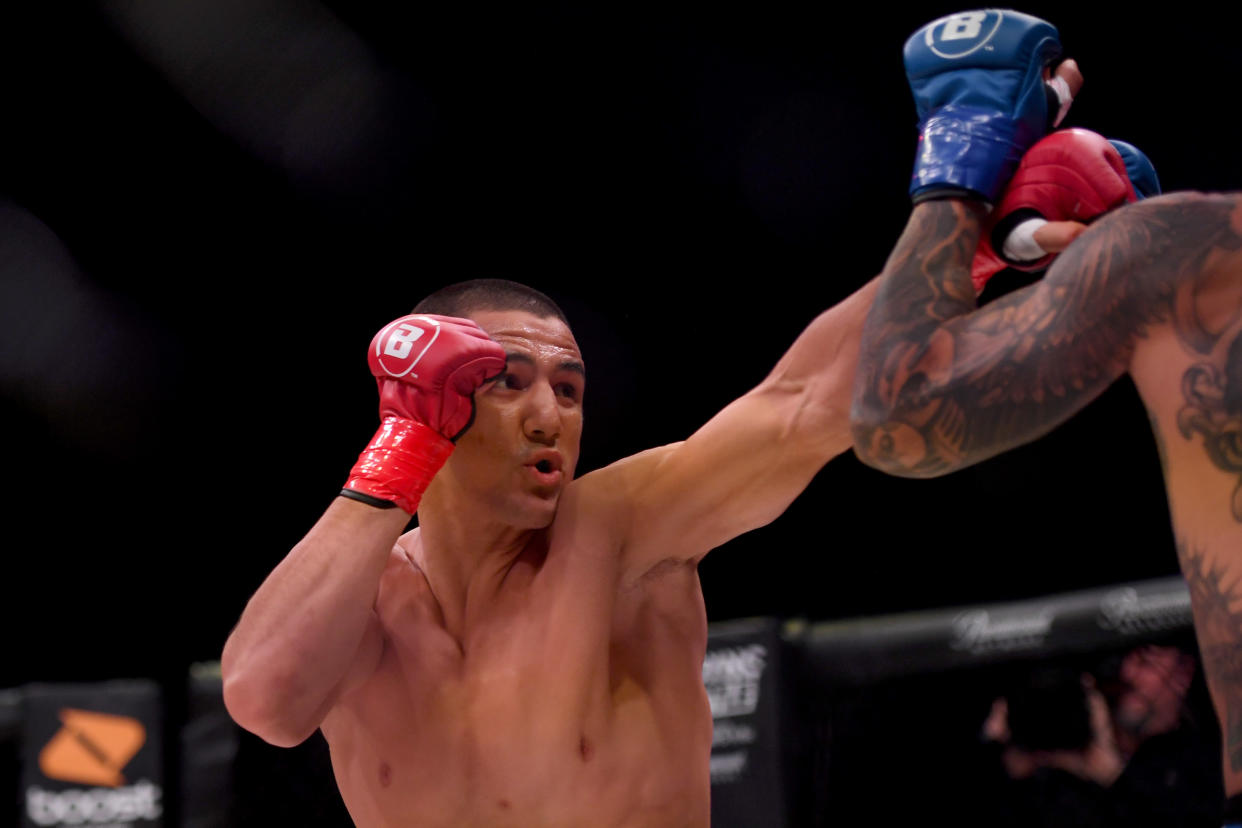 INGLEWOOD , CA - JANUARY 26: Henry Corrales (blue) defeats Aaron Pico (red) via round one knockout during Bellator 214 at the Forum in Inglewood, CA., Saturday, Jan 26, 2019.  (Photo by Hans Gutknecht/MediaNews Group/Los Angeles Daily News via Getty Images)