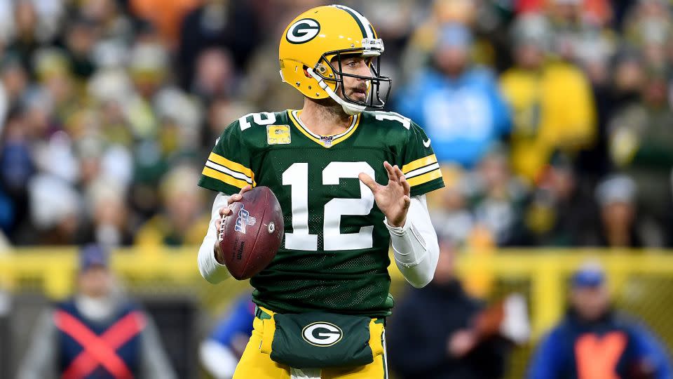 Rodgers looks to throw a pass during the Packers' game against the Carolina Panthers at Lambeau Field on November 10, 2019. - Stacy Revere/Getty Images