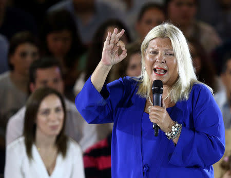 Lower House candidate Elisa Carrio speaks as Buenos Aires province governor Maria Eugenia Vidal watches during a campaign rally ahead of mid-term elections in Buenos Aires, Argentina October 17, 2017. REUTERS/Marcos Brindicci