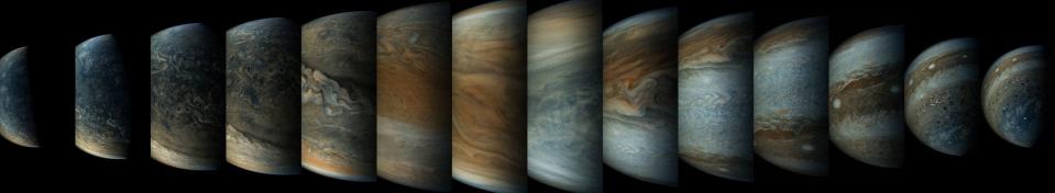 a sequence of enhanced-color images showing how quickly the viewing geometry changes for NASAs Juno spacecraft as it swoops by Jupiter, obtained by JunoCam. Once every 53 days the Juno spacecraft swings close to Jupiter, speeding over its clouds. In just two hours, the spacecraft travels from a perch over Jupiters north pole through its closest approach (perijove), then passes over the south pole on its way back out.  - Credit: Nasa