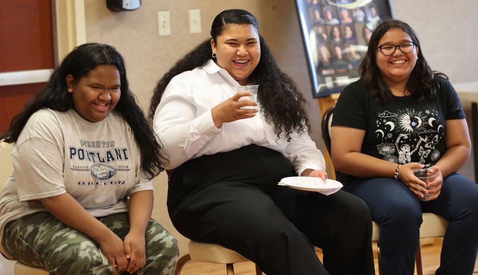 Emma Helai, Julia Herrera-Falute and Agnelli Hernandez-Ramos laugh as they join Hawaiian poet Kealoha Wong at an after performance party at the West Valley Performing Arts Center on Thursday, June 29, 2023. Wong conducted a five-week intensive arts program for high-school and college-aged youth with a special invitation to Pacific Islander, BIPOC and LGBTQ youth from Salt Lake County. | Scott G Winterton, Deseret News