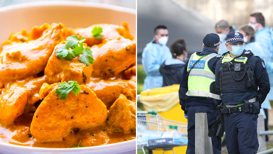 A photo of butter chicken is on the left and police officers wearing face masks are pictured on the right.