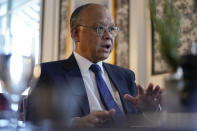 Taiwan Trade Minister John Chen-Chung Deng speaks during an interview with the Associated Press at Willard Hotel's Café du Parc, in Washington, Wednesday, May 3, 2023. (AP Photo/Carolyn Kaster)