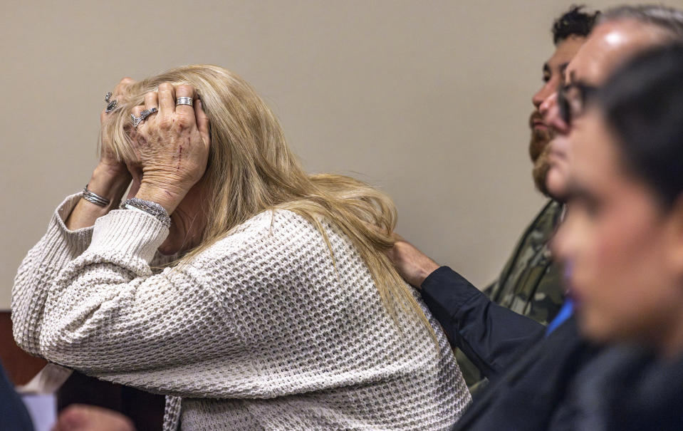 Stacy Reed, mother of Hannah Gutierrez-Reed, reacts after hearing the guilty verdict during her daughter's trial at district court on Wednesday, March 6, 2024, in Santa Fe, N.M. (Luis Sánchez Saturno/Santa Fe New Mexican via AP, Pool)