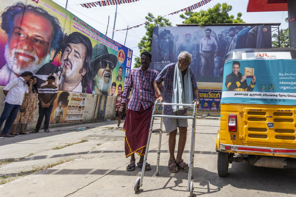 Bala, age 68, a fan of Indian superstar Rajinikanth, arrives to watch the screening of his latest film "Jailer" in Chennai, India, Thursday, Aug. 10, 2023. (AP Photo/ R. Parthibhan)