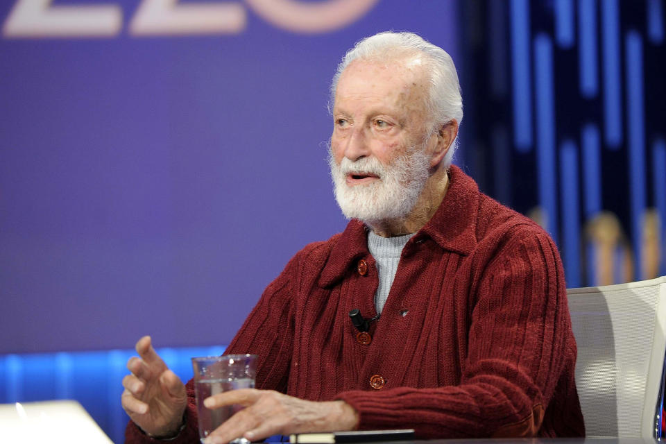 Italian journalist Eugenio Scalfari speaks during the televised talk show Otto e Mezzo, in Rome, on Nov. 3, 2016. Scalfari, who revolutionized Italian journalism with the creation of La Repubblica, a liberal daily that boldly challenged traditional newspapers, died on Thursday, July 14, 2022, the Senate president announced. He was 98. (Fabio Cimaglia/LaPresse via AP)