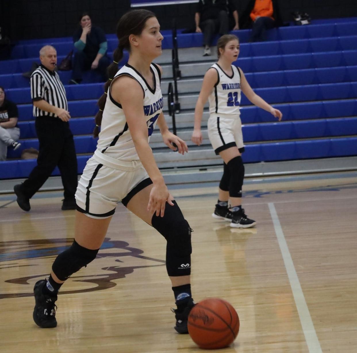 Buckeye Trail senior Emma Smith advances the ball upcourt in IVC action with visiting Newcomerstown on Saturday afternoon. Buckeye Trail collected a 43-23 victory to improve to 12-6 on the season, 8-3 in IVC play.