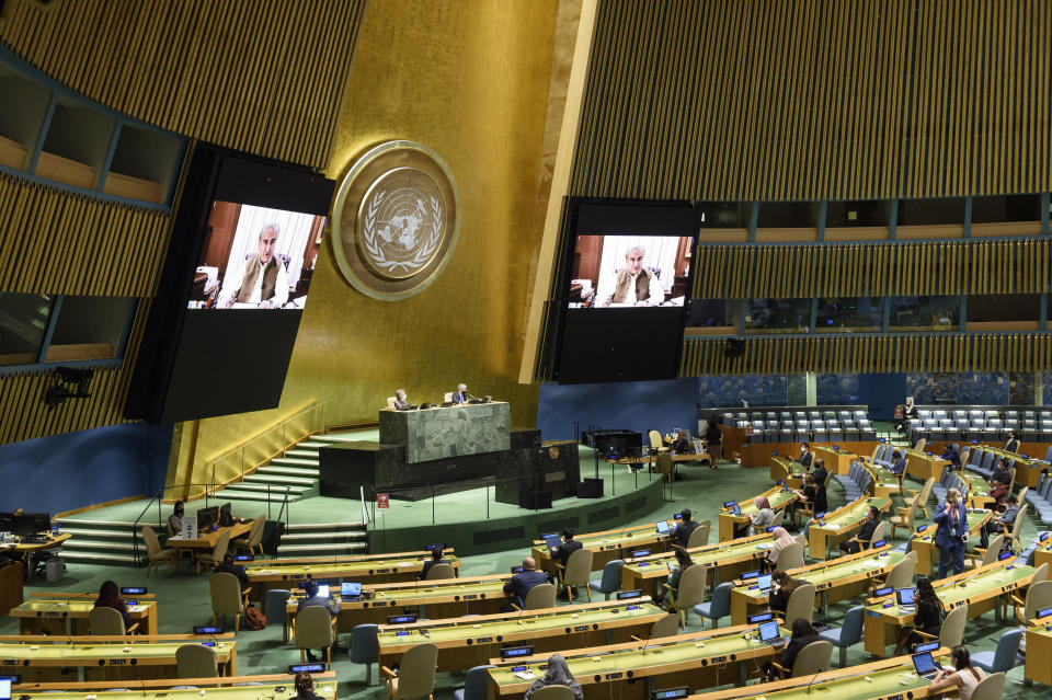 In this photo provided by the United Nations, Pakistan's Foreign Minister, Shah Mahmood Qureshi, speaks in the U.N. General Assembly Thursday, Oct. 1, 2020, in New York. (Loey Felipe/UN Photo via AP)