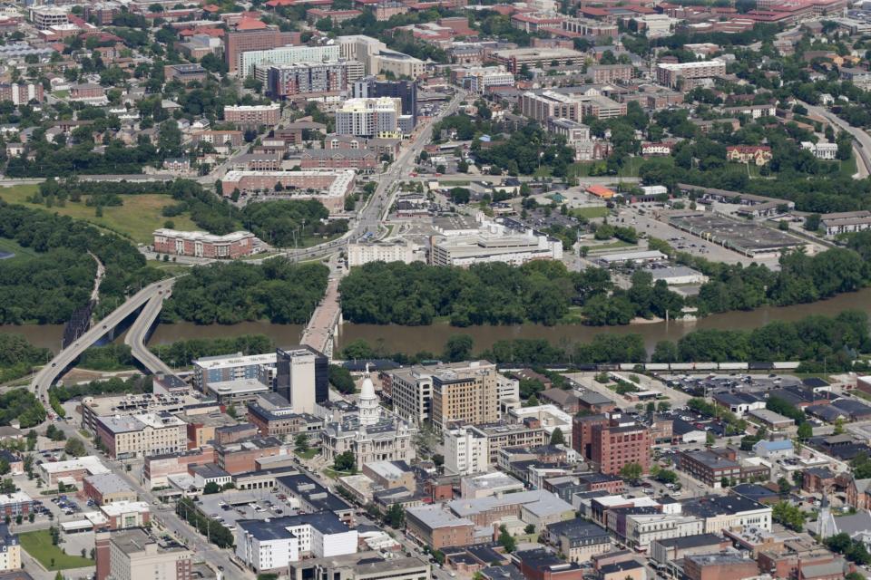 An aerial view of downtown Lafayette, bottom, and West Lafayette, top, Tuesday, June 11, 2019.