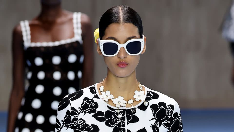 Carolina Herrera creative director Wes Gordon began the show with mixed black-and-white graphic prints before expanding into pinks, yellows and reds. - Arturo Holmes/Getty Images