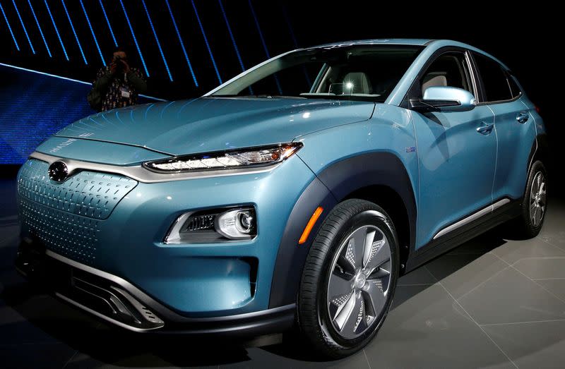 FILE PHOTO: 2019 Hyundai Kona Electric vehicle is displayed at the New York Auto Show in New York