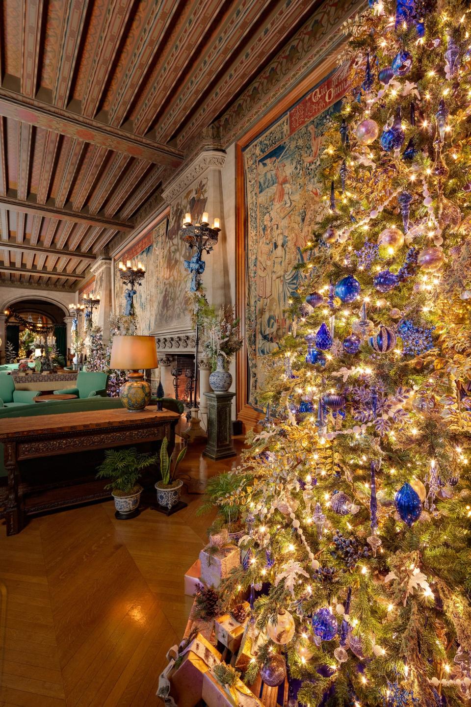 Biltmore House's Tapestry Gallery reflects Edith Vanderbilt's many accomplishments in her Blue Ridge Mountain home through royal blue, gold and silver decor elements.