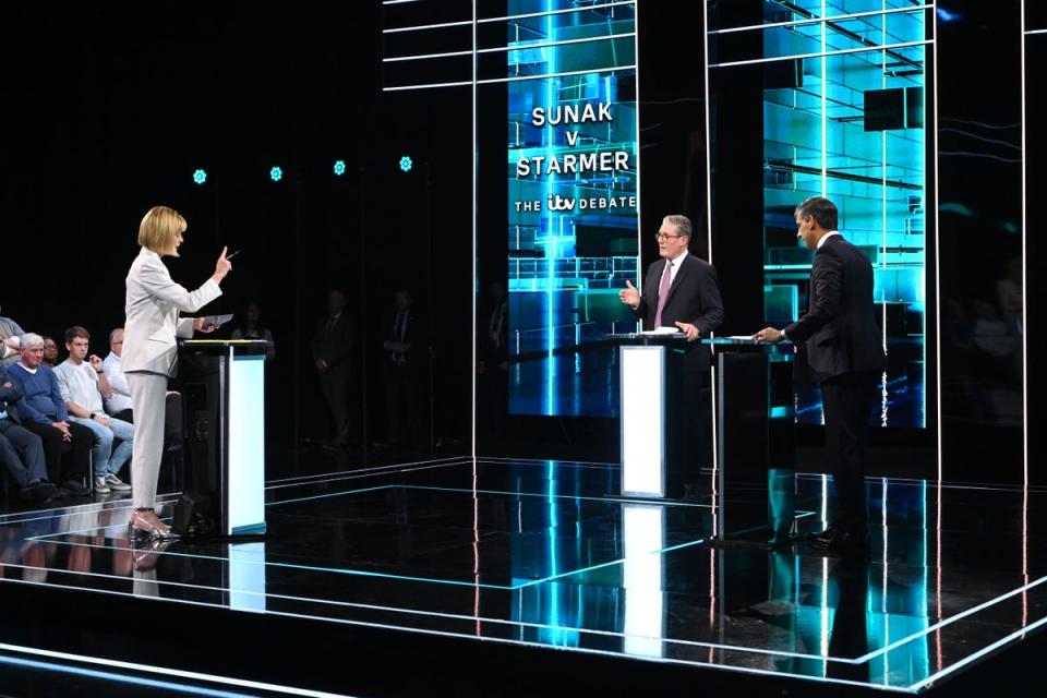 Prime Minister Rishi Sunak (right), host Julie Etchingham and Labour Party leader Sir Keir Starmer during the ITV General Election debate at MediaCity in Salford (Jonathan Hordle/ITV/PA) (PA Media)