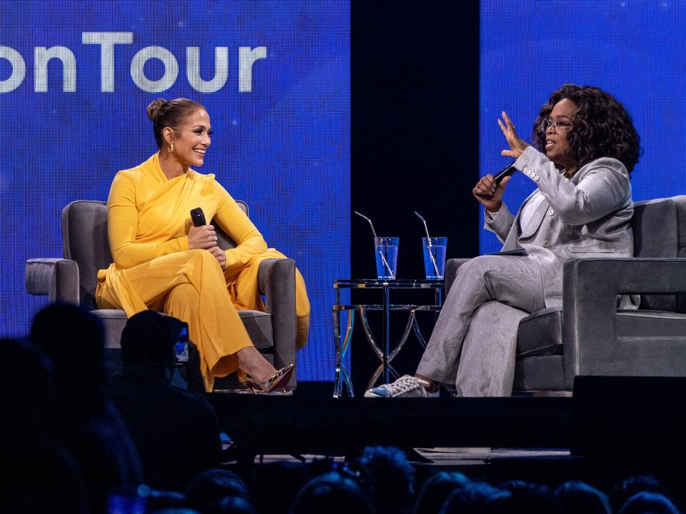 Oprah and Jennifer Lopez speak onstage during 'Oprah's 2020 Vision: Your Life in Focus Tour' presented by WW
