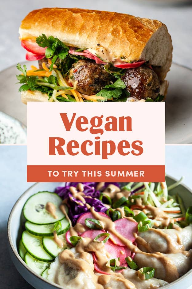 a salad and sandwich with the banner "vegan recipes to try this summer"