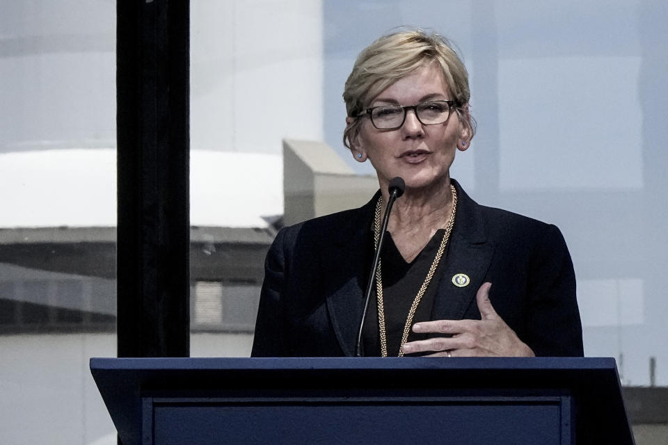 FILE - U.S. Energy Secretary Jennifer Granholm speaks, May 31, 2024, in Waynesboro, Ga. The Biden administration is awarding nearly $2 billion in grants to help restart or expand electric vehicle manufacturing and assembly sites in eight states, including the presidential battlegrounds of Michigan, Pennsylvania and Georgia. "There is nothing harder to a manufacturing community than to lose jobs to foreign competition and a changing industry,'' said Granholm, a former Michigan governor. (AP Photo/Mike Stewart)