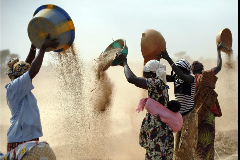 FILE - Malian women sift wheat in a field near Segou, central Mali, Jan. 22, 2013. In 2022, Families across Africa are paying about 45% more for wheat flour as Russia's war in Ukraine blocks exports from the Black Sea. Russian, French and American leaders are crisscrossing Africa Wednesday, July 27, 2022, to win support for their positions on the war in Ukraine, an intense competition for influence the continent has not seen since the Cold War. (AP Photo/Jerome Delay, File)