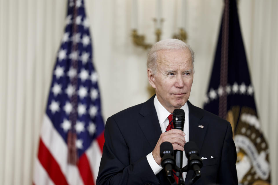 WASHINGTON, DC - JANUARY 26: U.S. President Joe Biden speaks at a reception celebrating Lunar New Year in the East Room of the White House on January 26, 2023 in Washington, DC. During the reception, the president and first lady Jill Biden acknowledged the recent shootings in the Asian American and Pacific Islander communities in California and stressed their hopes to pass legislation reforming gun control. (Photo by Anna Moneymaker/Getty Images)