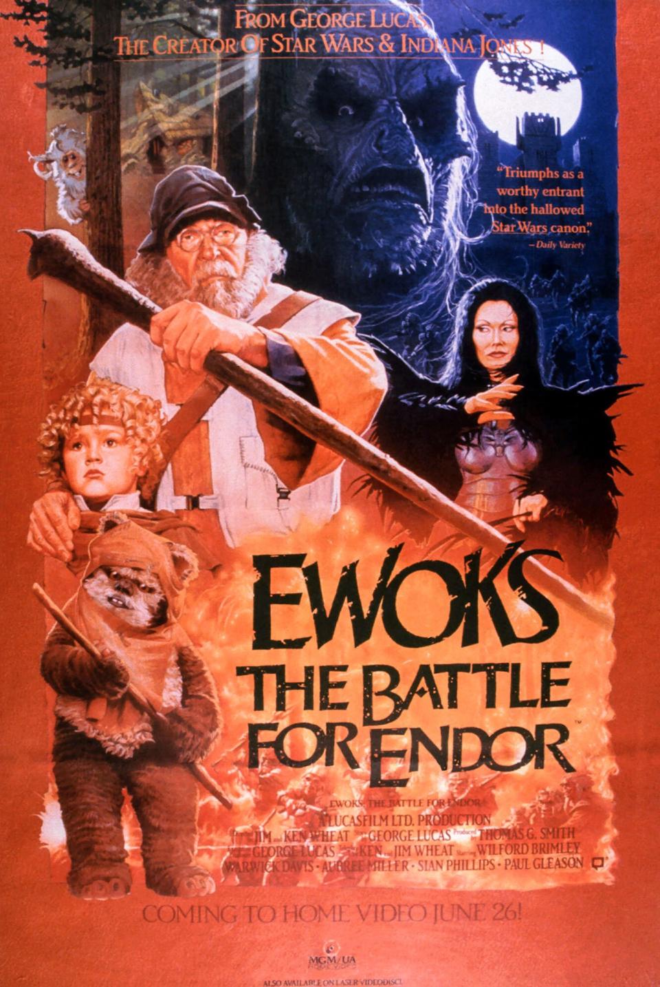 EWOKS: THE BATTLE FOR ENDOR, US poster, from left: Aubree Miller, Wilford Brimley, Sian Phillips