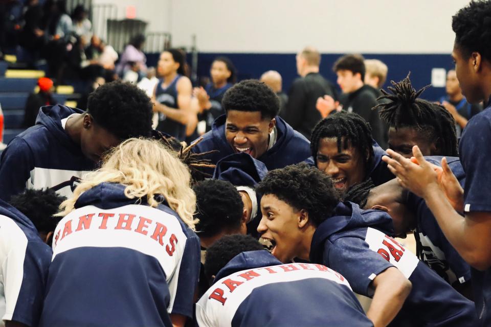 Dwyer players rally together and get fired up before dealing rival Wellington it's third loss of the season in Palm Beach Gardens on Jan. 9, 2024.