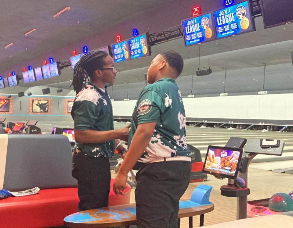 NJSIAA individual bowling finals at Bowlero North Brunswick on Thursday, Feb. 29, 2024. St. Joseph sophomore Will Cunningham (left) congratulates teammate Kai Strothers after the boys stepladder final. Strothers won, 239-218, for his second straight state title.