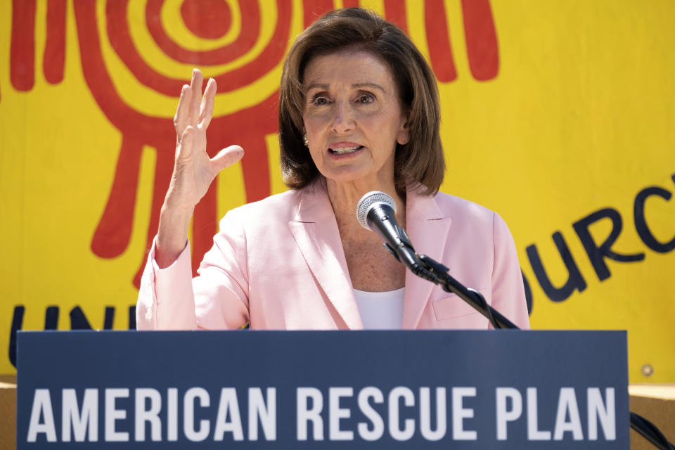 House Speaker Nancy Pelosi speaks at a press event regarding the Emergency Rental Assistance program in San Francisco, Tuesday, Aug. 10,2021. The program makes federal funding available to assist pandemic-affected rental households with rent, back-rent, and utility payments. (AP Photo/Nick Otto)