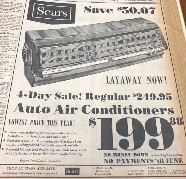 A few days before you'd have found out how to arrange for air conditioning at home. In this ad, you learned how much it would run to add air conditioning to your car. Boy, that's pricey! In today's dollars, that's $1,400.