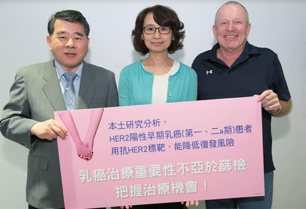 台灣每年新增1萬多名乳癌患者，其中四分之一屬於HER2陽性，推估全台每年增加3000名HER2陽性乳癌病友。（圖左一／陳訓徹教授、圖中／患者張小姐）