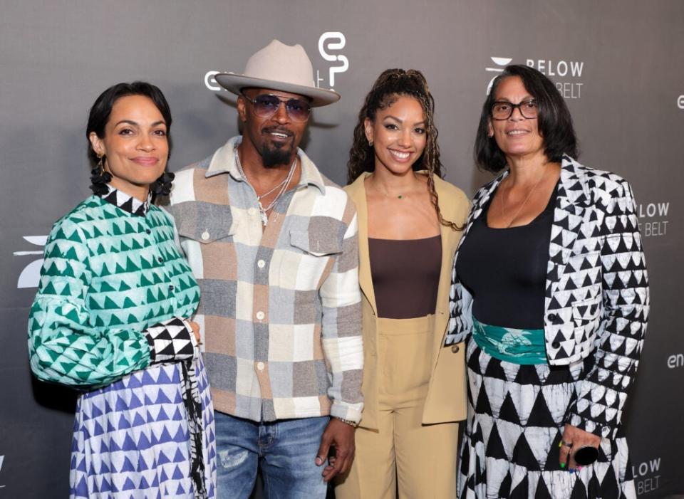 Rosario Dawson, Jamie Foxx, Corinne Foxx, Isabel Celeste attend the “Below the Belt” premiere in Los Angeles.