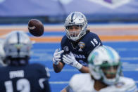 Nevada tight end Cole Turner (19) keeps his eyes on the ball for a pass reception against Tulane during the first half of the Idaho Potato Bowl NCAA college football game, Tuesday, Dec. 22, 2020, in Boise, Idaho. (AP Photo/Steve Conner)