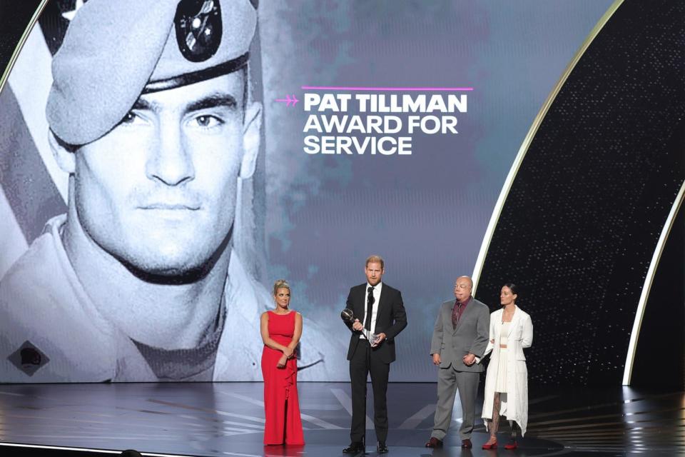 PHOTO: Prince Harry, Duke of Sussex accepts the Pat Tillman Award next to Kirstie Ennis, Israel Del Toro and Elizabeth Marks during the 2024 ESPY Awards, July 11, 2024, in Hollywood, Calif. (Frank Micelotta/Disney)