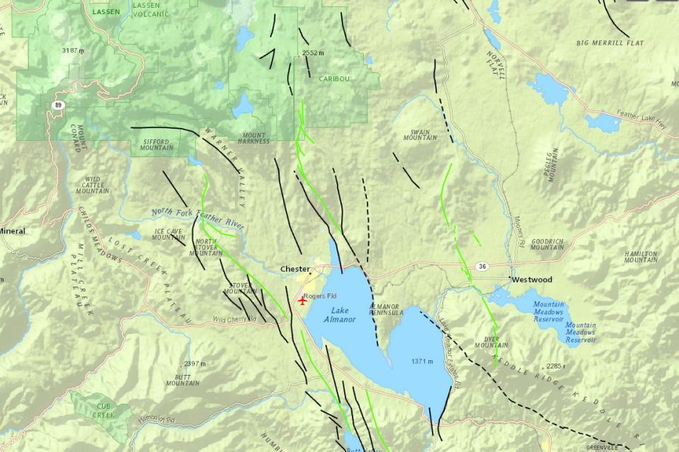 This U.S. Geological Survey map shows black and green fault lines around Lake Almanor in Plumas County.