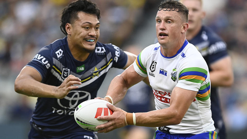 Jack Wighton plays the ball against the North Queensland Cowboys.