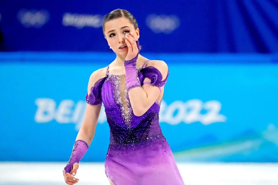 Kamila Valieva appeared emotional after she skated in the women’s figure skating short program during the Beijing Olympics.