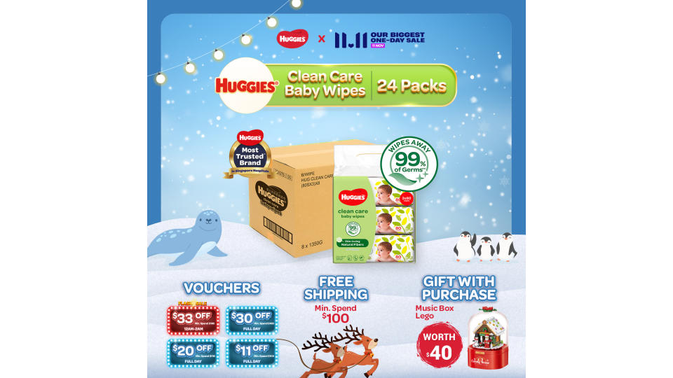 [Made in Singapore] Huggies Baby Wipes Clean Care 80sx3- CASE (24packs). (Photo: Lazada SG)