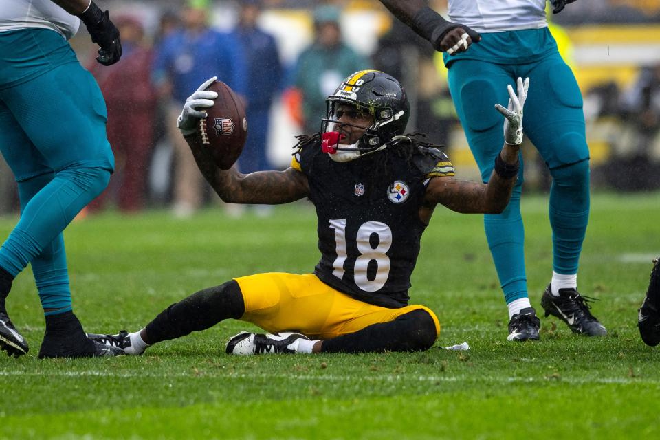 Pittsburgh Steelers wide receiver Diontae Johnson (18) reacts after being tackled during an NFL football game, Sunday, Oct. 29, 2023, in Pittsburgh. (AP Photo/Matt Durisko) ORG XMIT: NYOTK