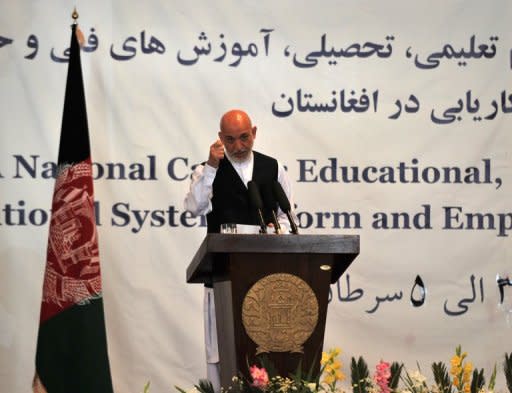 Afghan President Hamid Karzai addresses a seminar aimed at reforming Afghanistan's educational system in Kabul on June 23. A call by Karzai for more foreign involvement in the country's higher education system risks exacerbating an already dangerous brain drain, analysts warn