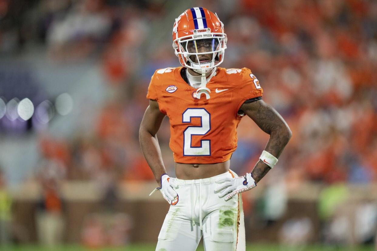 Clemson cornerback Nate Wiggins looks on against North Carolina.