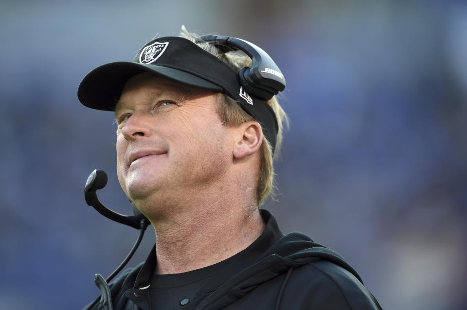 There’s a good chance Jon Gruden simply wanted to scream at the refs as long as possible. (AP)