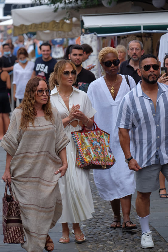 Jennifer Lopez strolls in Portofino, Italy with friends on July 31, 2021. - Credit: Oliver Palombi / MEGA