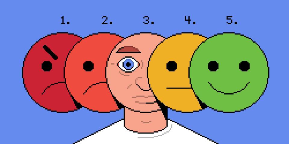 A person's face in the lineup of survey smiley faces.