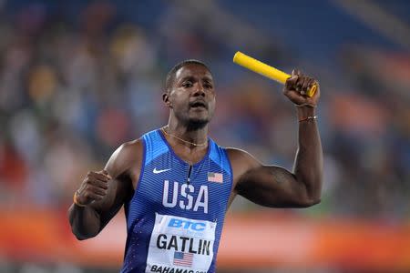 Apr 22, 2017; Nassau, Bahamas; Justin Gatlin runs the anchor leg on the United States 4 x 100m relay that won in 38.43 during the IAAF World Relays at Thomas A. Robinson Stadium. Mandatory Credit: Kirby Lee-USA TODAY Sports