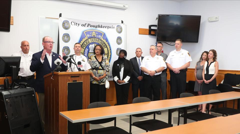 City of Poughkeepsie Mayor Rob Rolison offers  comments during a news conference on gun violence at the Public Safety Building in Poughkeepsie on Tuesday, Aug. 16, 2022.