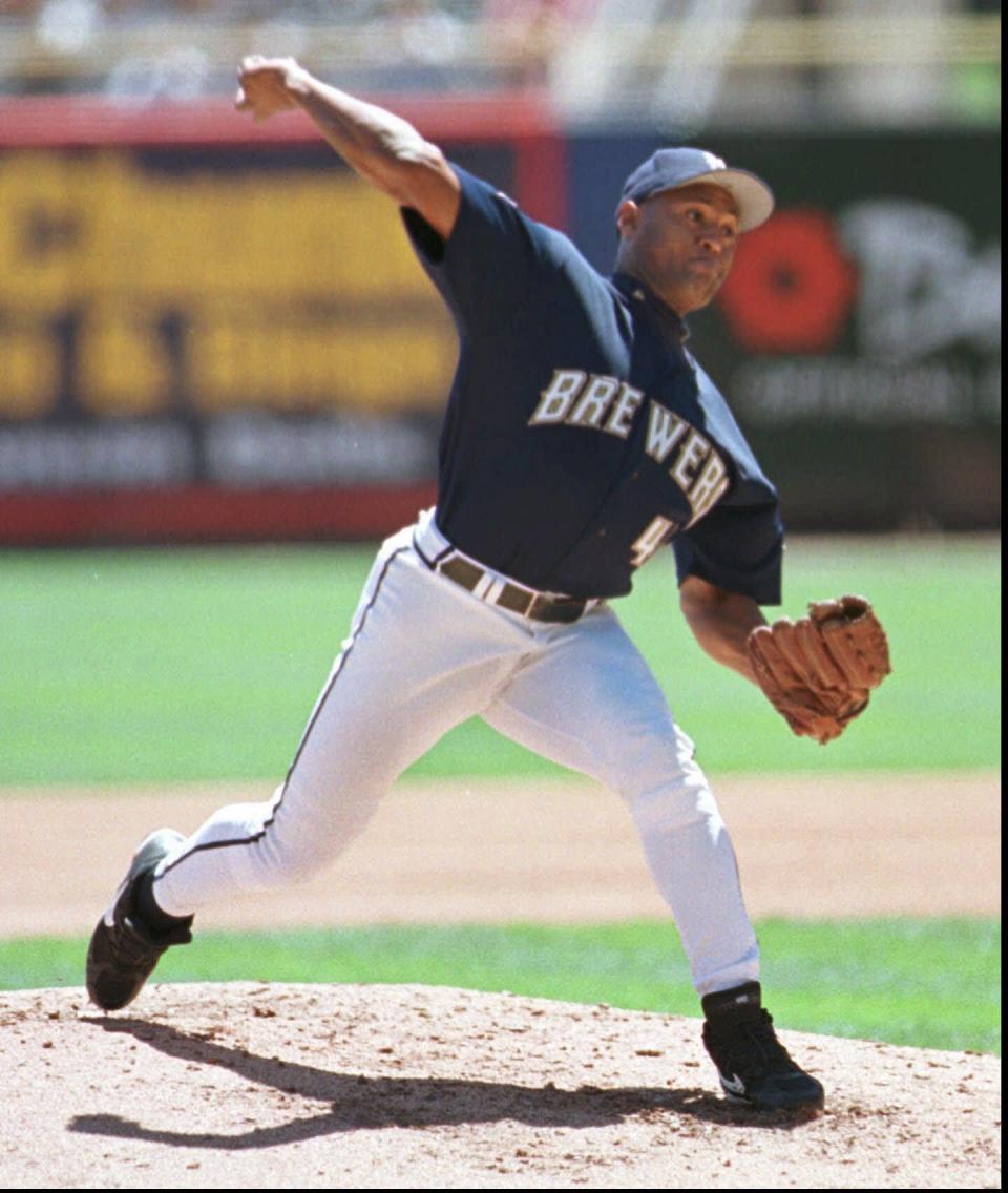 Milwaukee Brewers pitcher Jose Mercedes delivers a pitch in the third inning against the Toronto Blue Jays Tuesday July 29, 1997 in Milwaukee.