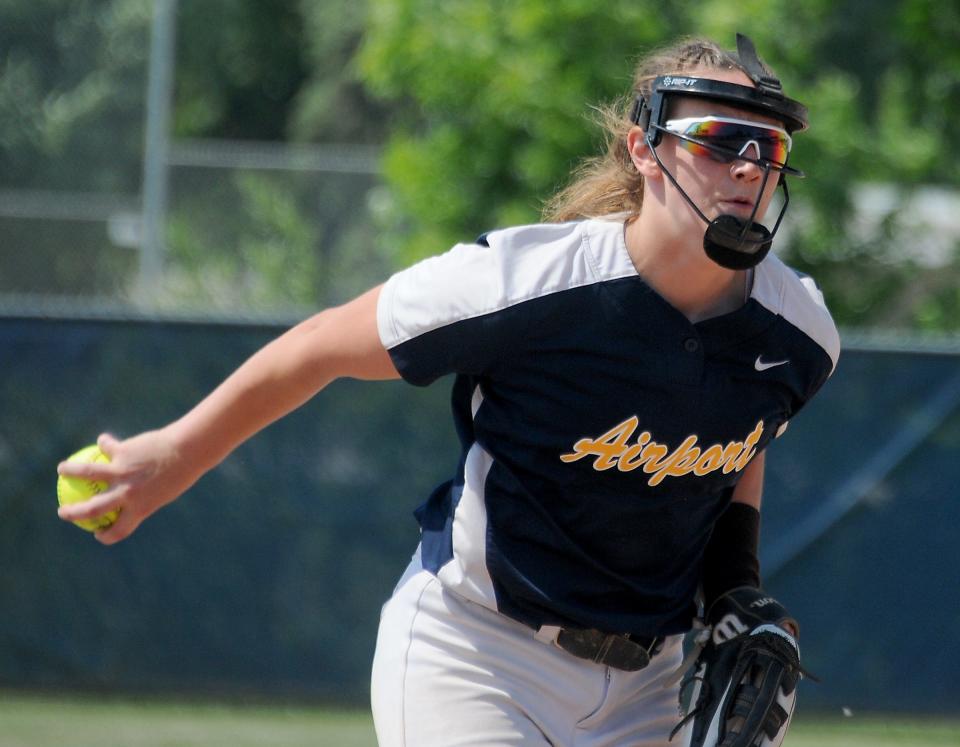 Pitcher RaeAnn Drummond of Airport closing out Milan as they beat Milan 4-1  in Division 2 district final at Airport Saturday, June 3, 2023.